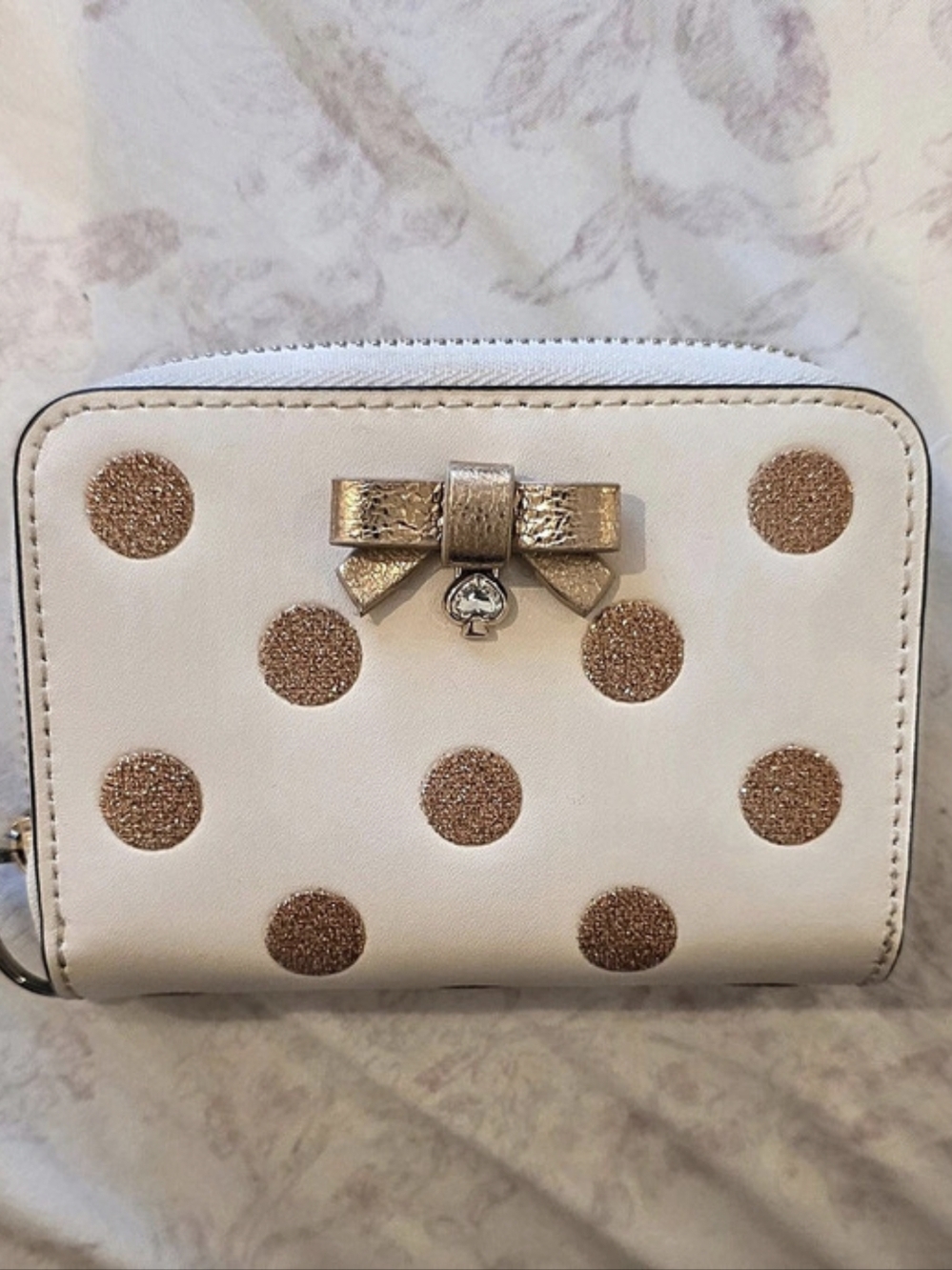Kate Spade Polka Dot Zip Around Wallet in White & Gold